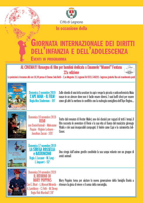 GIORNATA INTERNAZIONALE DEI DIRITTI DELL’INFANZIA E DELL’ADOLESCENZA. Inzia Domenica 3 Novembre con la la Rassegna “Al Cinema”- L’APE MAIA