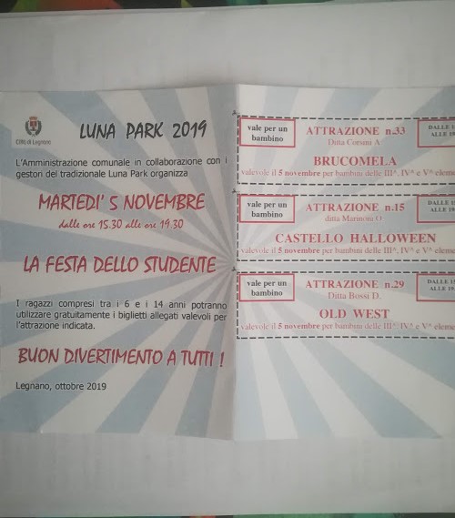 Martedì 05 Novembre Festa dello studente al Luna Park di Legnano!!!