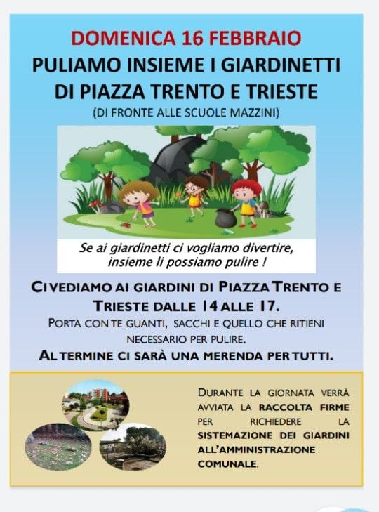 Domenica 16 Febbraio – Puliamo Insieme i Giardinetti di Piazza Trento e Trieste – Invito alle famiglie!